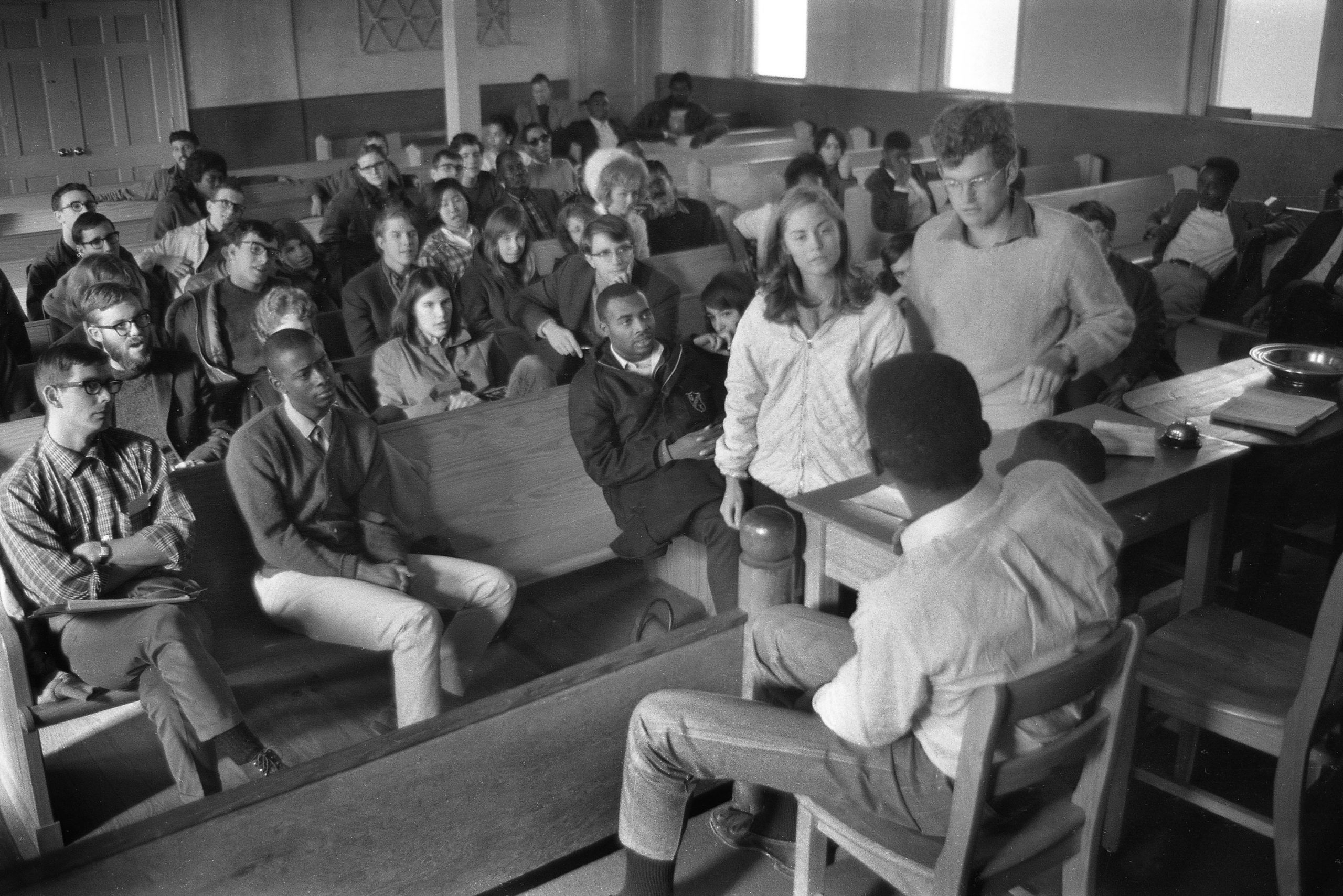 Northern students role-play during voter registration orientation in a black church in Jackson, Mississippi, December, 1965